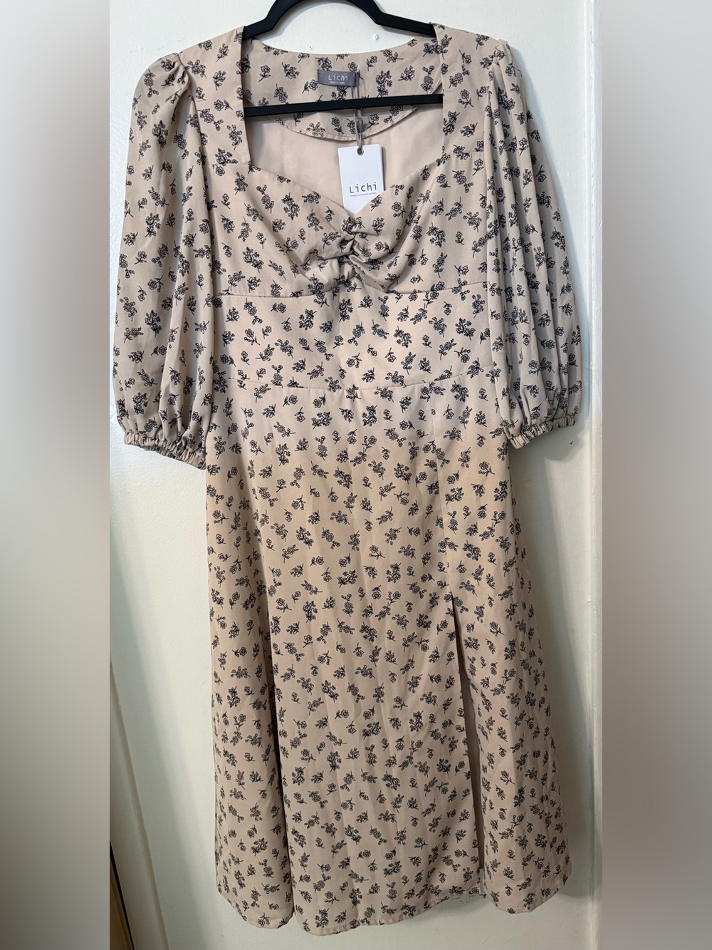 Lichi Women's Beige Floral Square-Neck Midi Dress with Side Slit